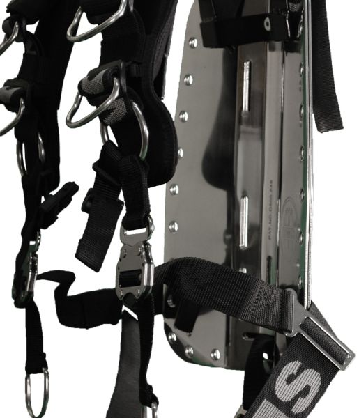 OMS Edelstahl Backplate heavy mit Comfort Harness System III und Schrittgurt